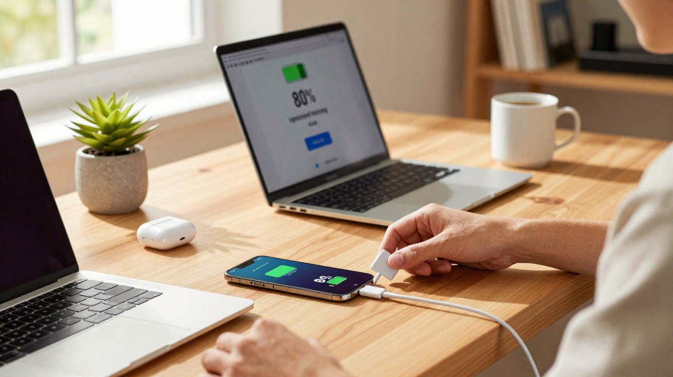 Pessoa a carregar smartphone numa mesa de madeira com portátil a 80% e auriculares sem fios perto.