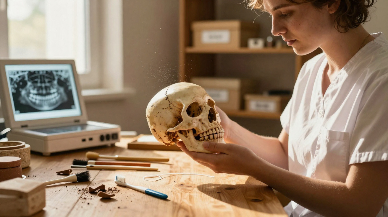 Jovem analisa um crânio humano numa mesa com ferramentas e radiografia dentária ao fundo.