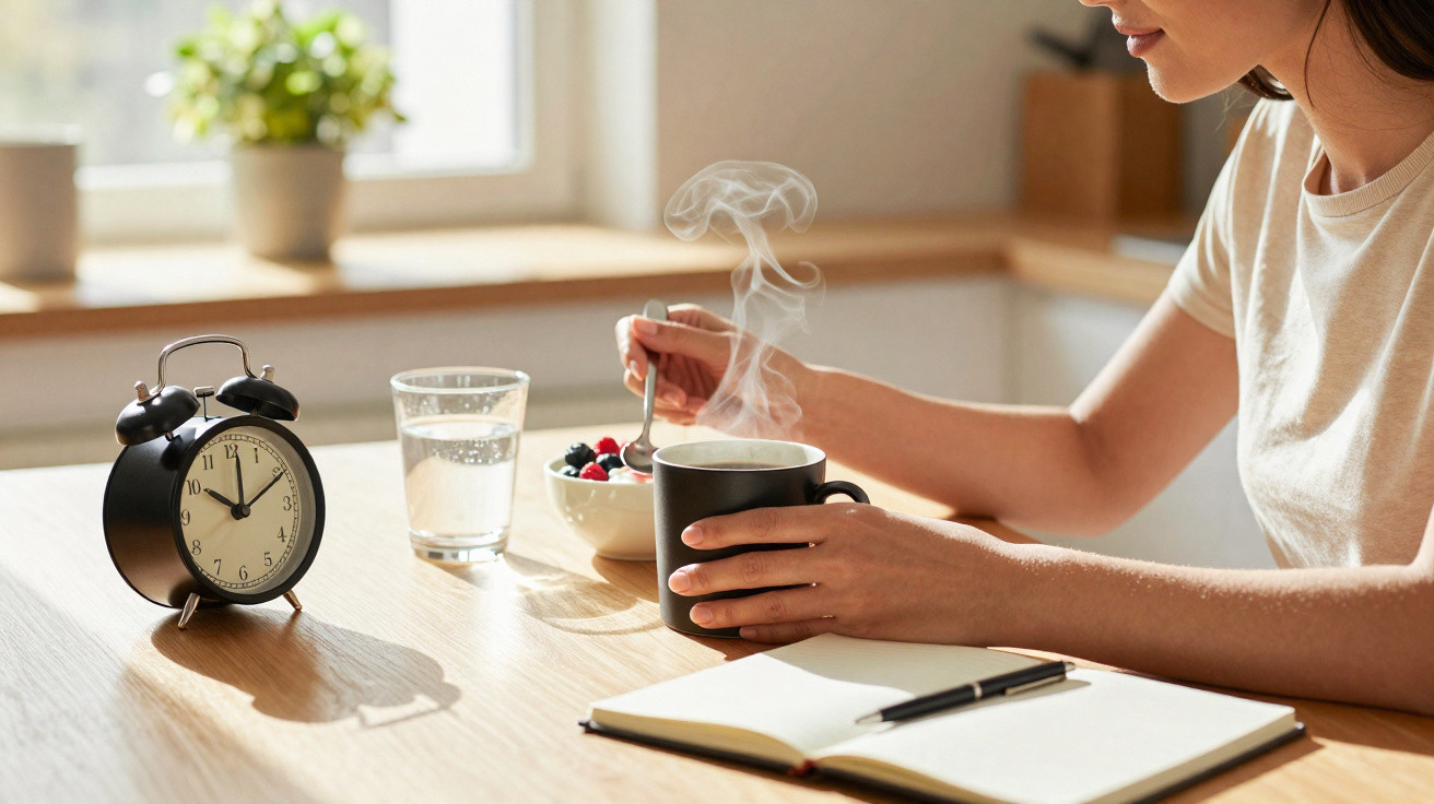 Pessoa a tomar pequeno-almoço saudável com café quente, frutas e caderno numa mesa iluminada pelo sol.