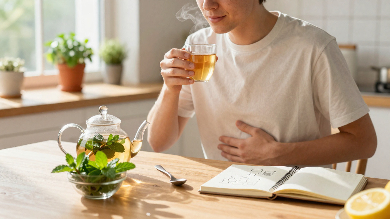 Homem sentado a beber chá quente numa chávena, com chaleira, plantas e caderno numa mesa de madeira.