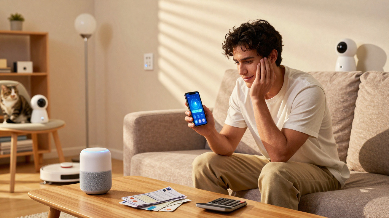Homem sentado no sofá a controlar dispositivo inteligente com smartphone, gato observa numa cadeira.
