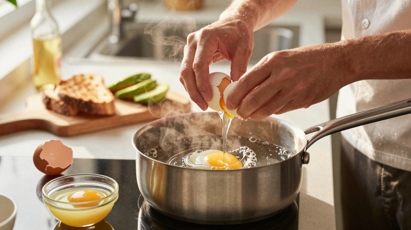 Mãos a partir um ovo para uma frigideira com água a ferver, com pão e abacate ao fundo.