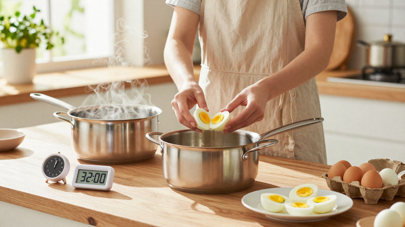 Pessoa a partir ovos cozidos ao meio numa cozinha luminosa com tachos e timer digital.