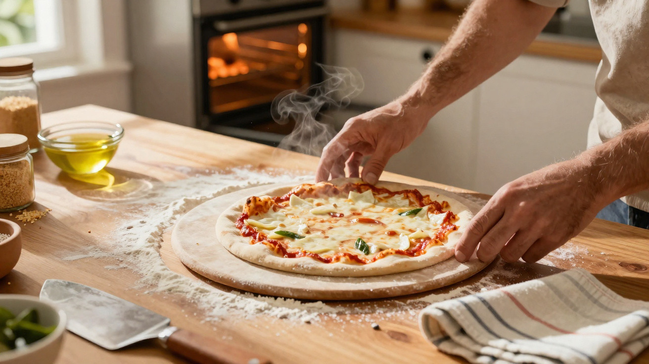 Mãos colocando pizza com queijo ralado e molho de tomate numa pedra sobre bancada de madeira na cozinha.