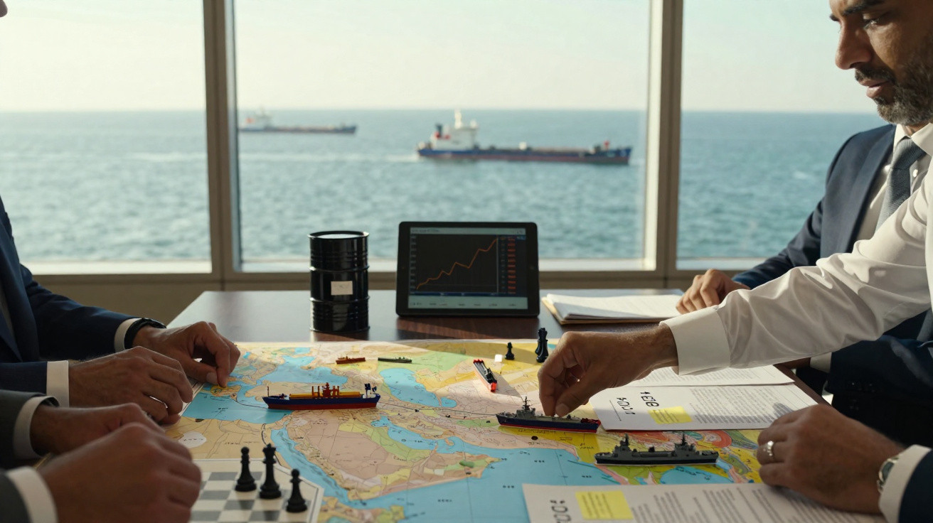 Duas pessoas em reunião estratégica de navegação marítima com mapa, maquetes de navios e vista para o mar.