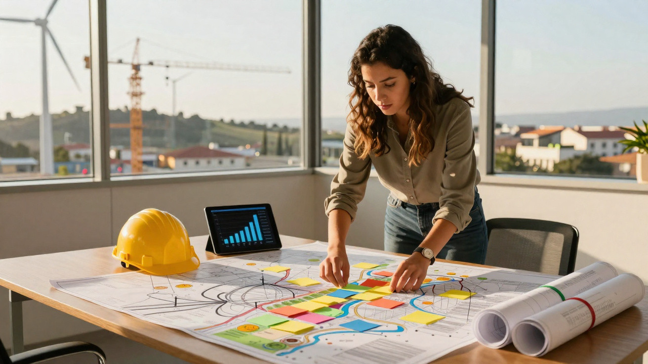 Mulher a trabalhar num projeto de arquitetura com mapas, planta baixa e notas adesivas numa mesa com capacete e tablet.