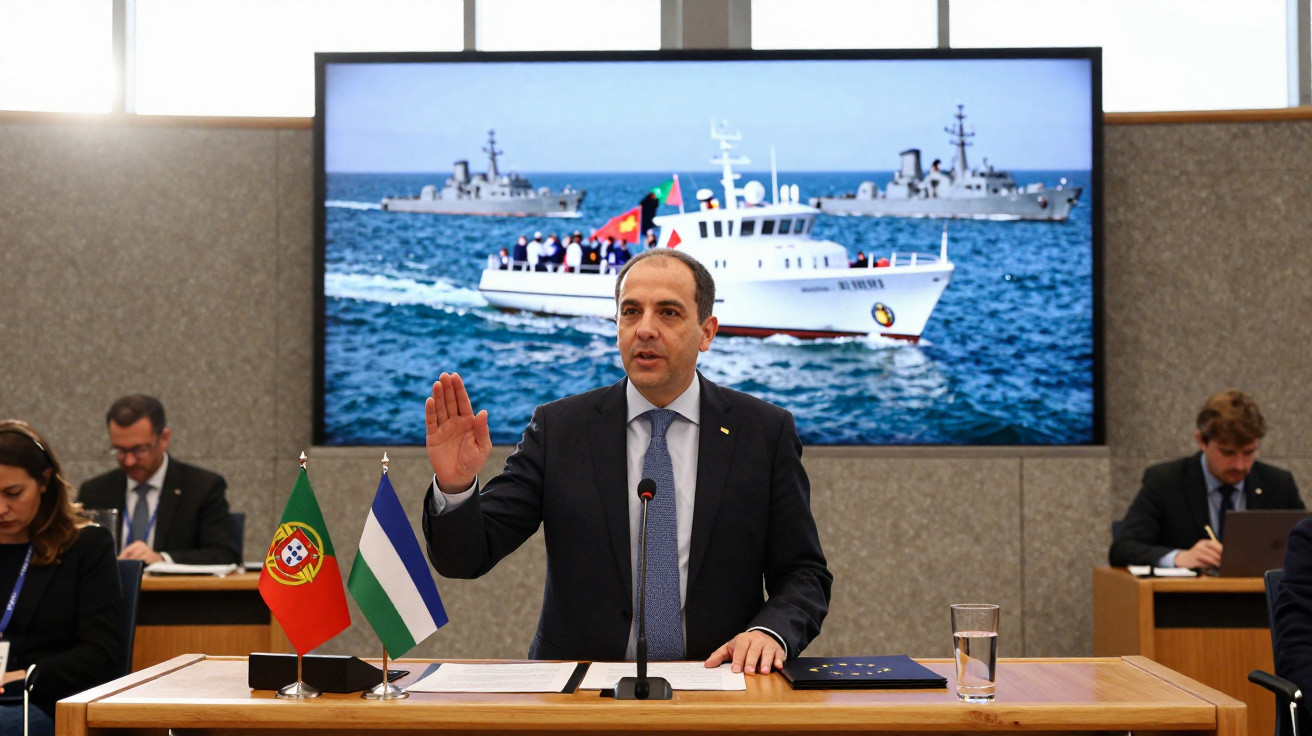 Homem a jurar em conferência com bandeiras de Portugal e Palestina e ecran com imagem de barcos no mar.