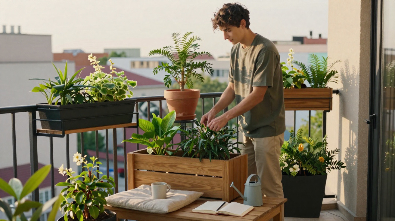 Jovem a cuidar de plantas num terraço com várias flores e vasos durante o dia.