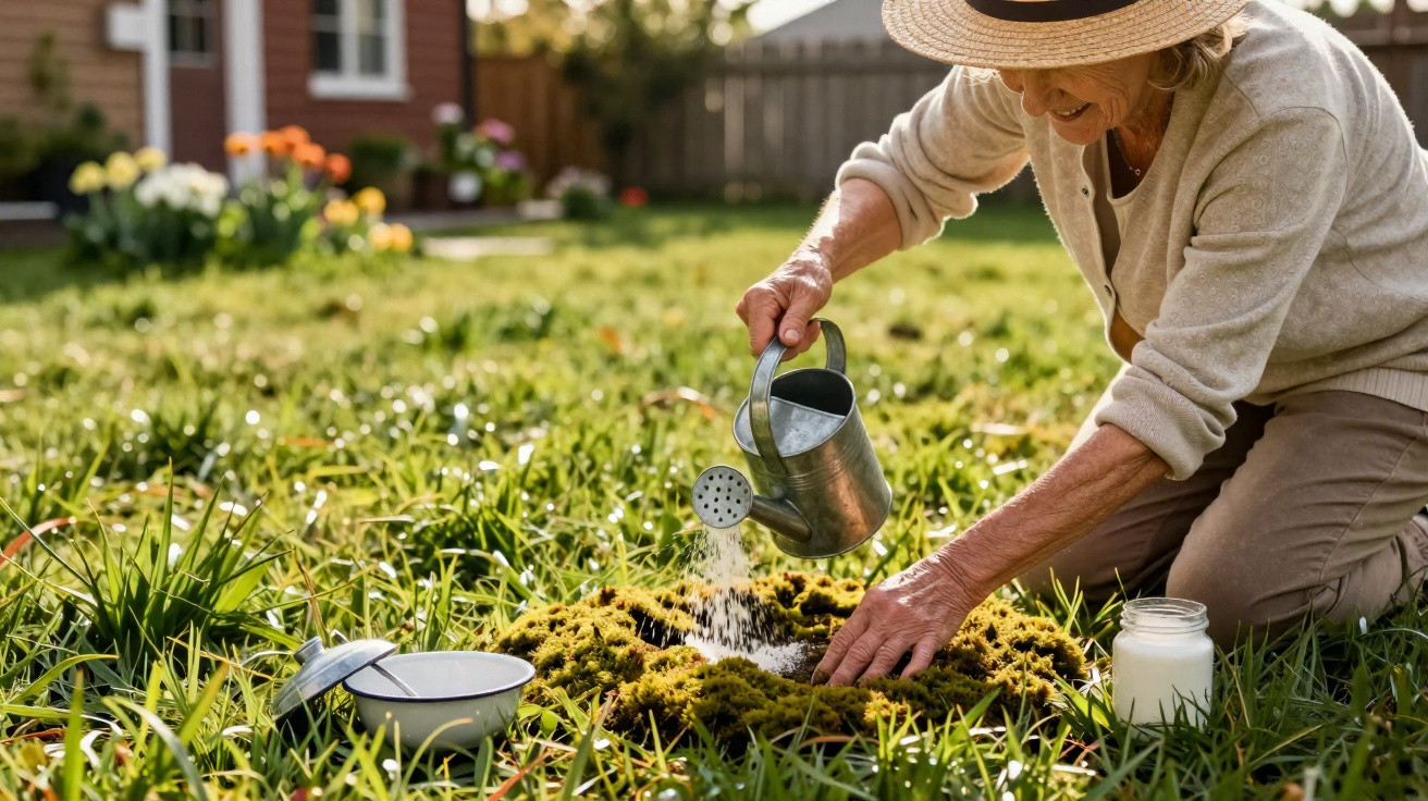 Pessoa idosa a regar plantas num jardim com regador metálico ao pôr do sol.