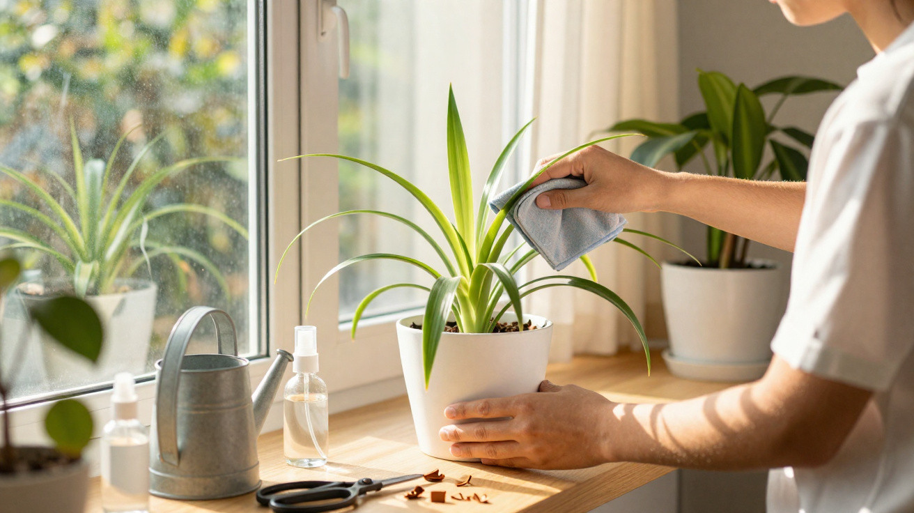 Pessoa a limpar folhas de planta em vaso branco num peitoril de janela iluminado.