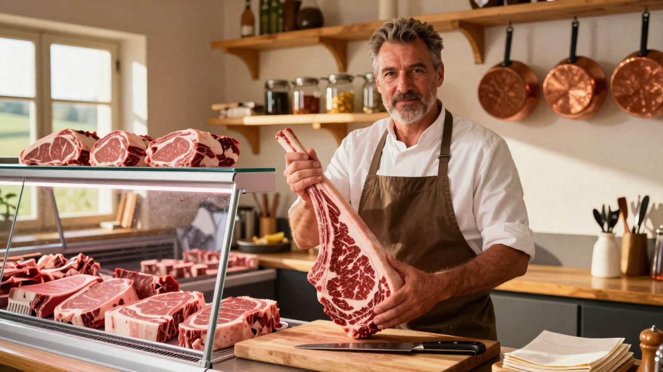 Açougueiro com avental castanho a segurar peça grande de carne junto ao balcão com vários cortes de carne.