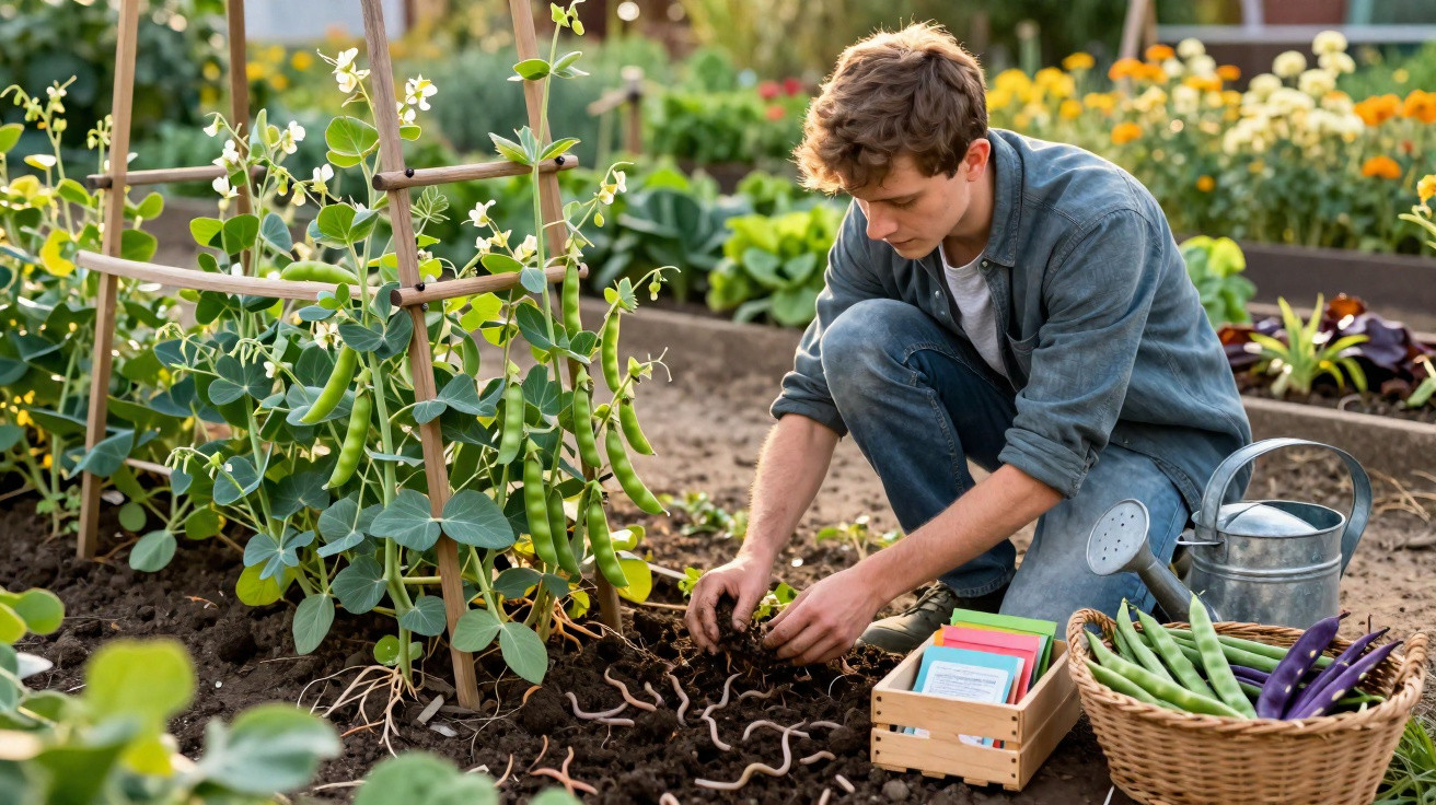 Homem jovem a plantar sementes numa horta com plantas trepadeiras e legumes colhidos ao lado.