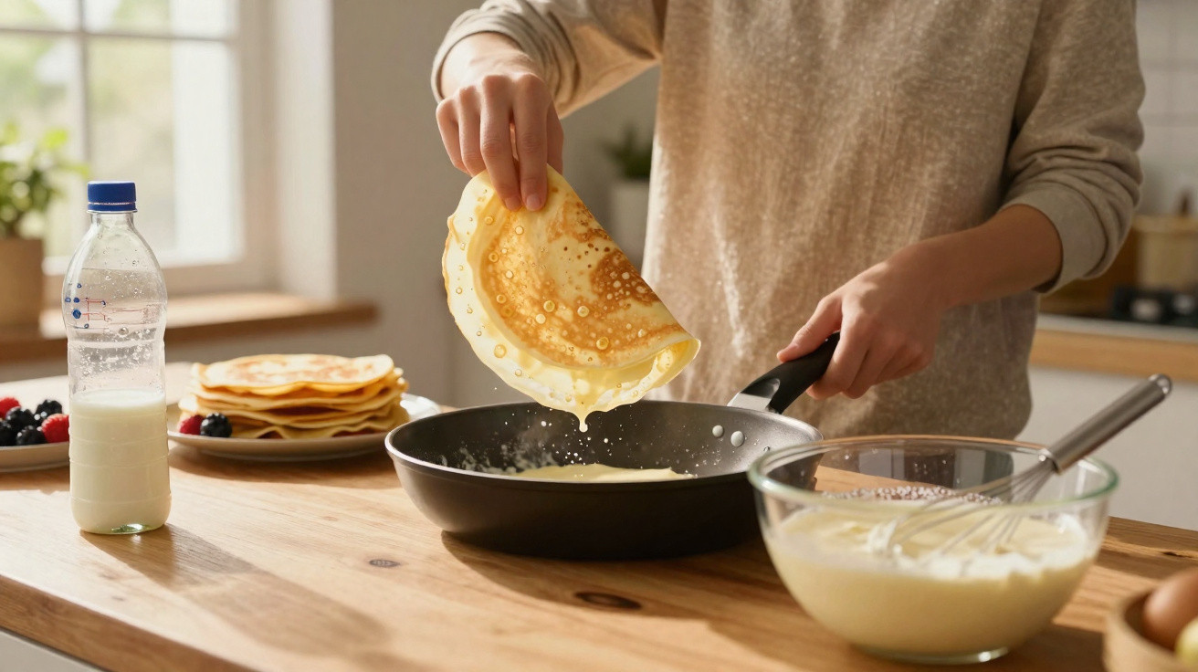 Pessoa a virar crepe numa frigideira, com tigela de massa e ingredientes na bancada da cozinha.