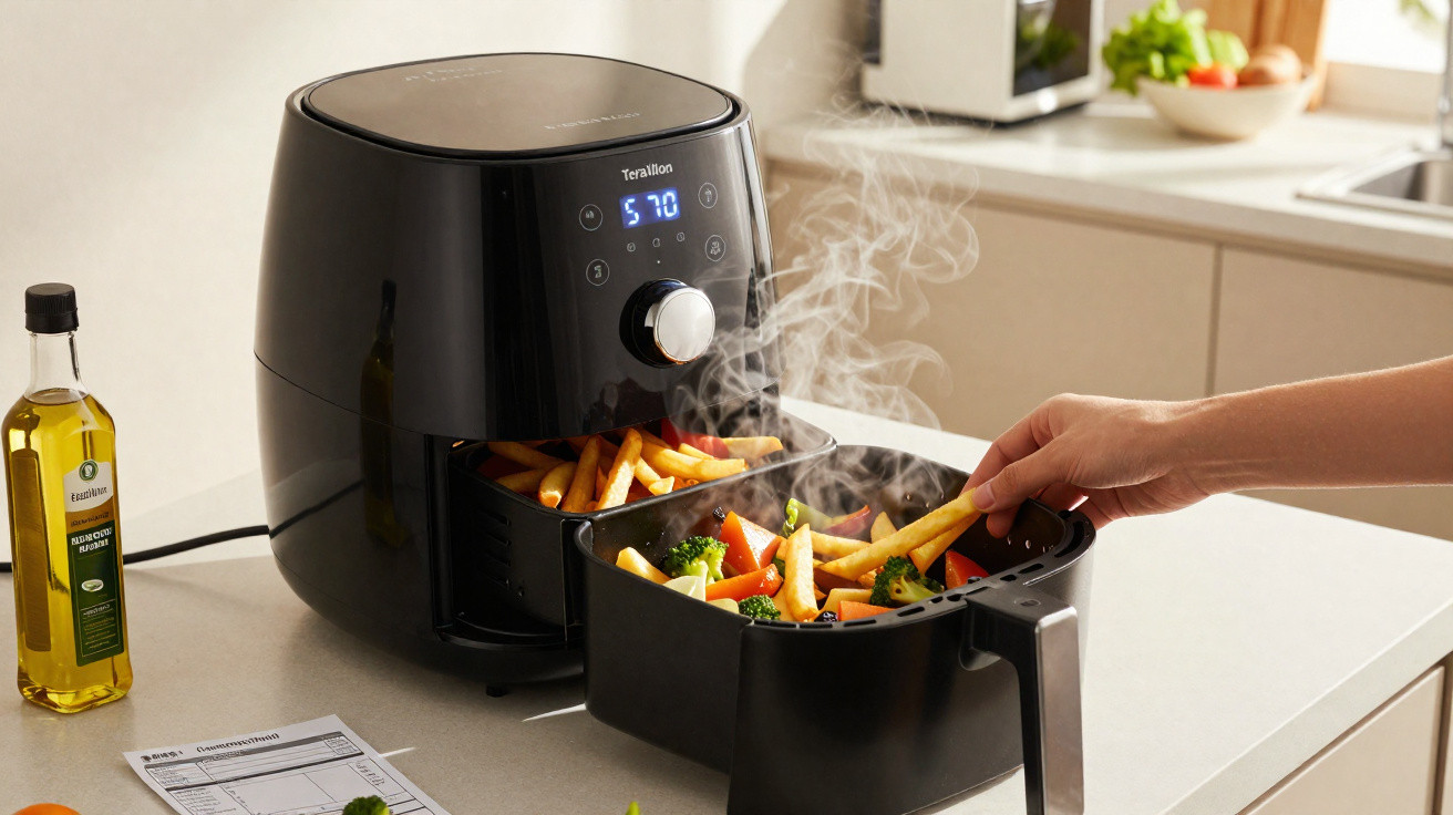 Fritadeira elétrica preta a vapor com batatas fritas e legumes a ser retirada por uma mão numa cozinha moderna.