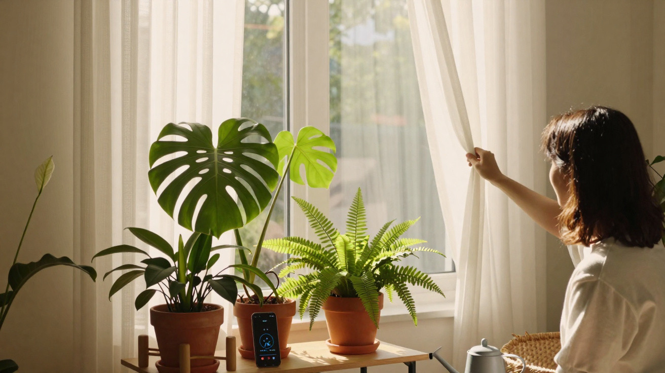 Pessoa a abrir cortinas numa sala iluminada com várias plantas em vasos de barro e um regador ao lado.