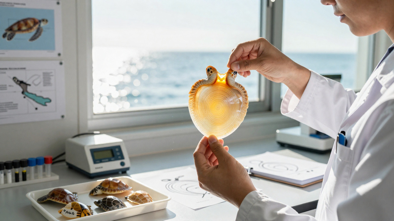 Médico a examinar uma concha marinha translúcida num laboratório com várias conchas sobre uma bandeja.
