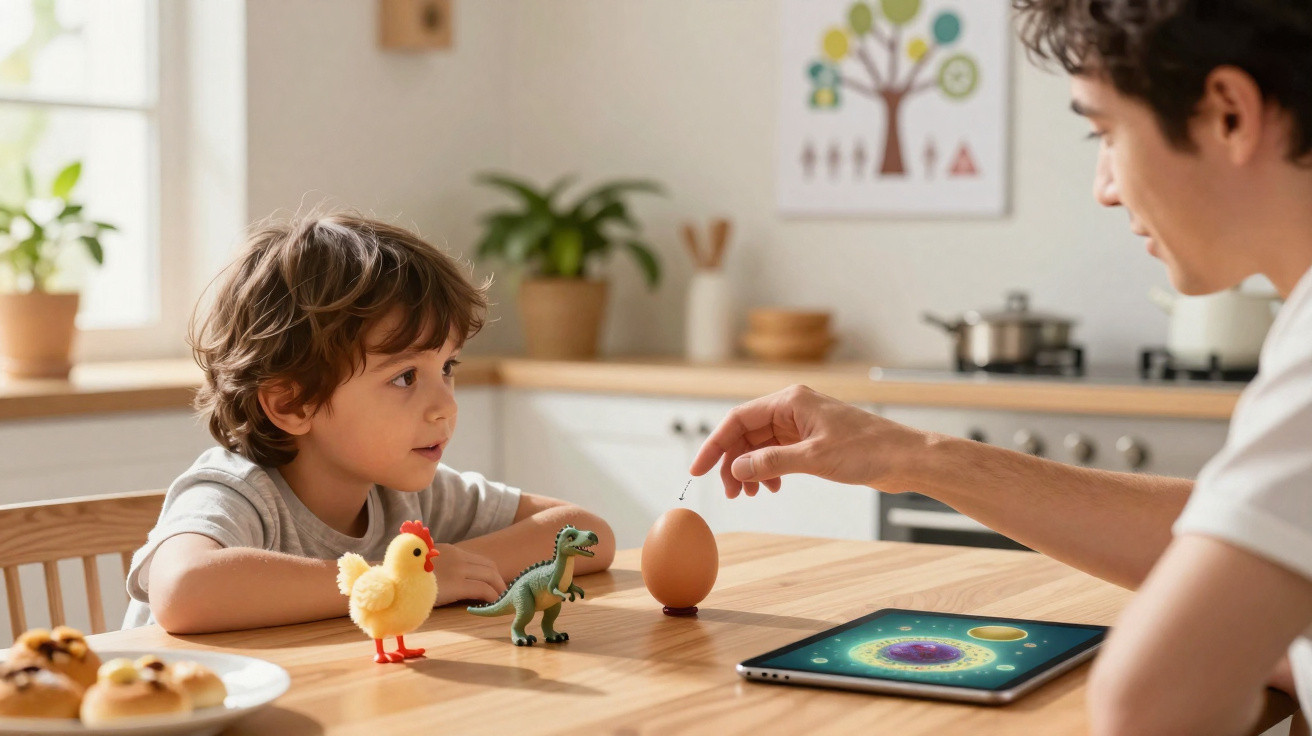 Criança e mulher sentados na cozinha observam ovo em equilíbrio sobre a mesa com brinquedos e tablet por perto.