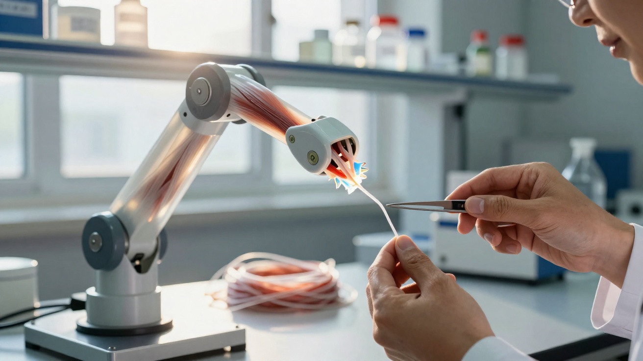 Braço robótico a segurar uma estrutura flexível enquanto uma pessoa mexe com uma pinça num laboratório.
