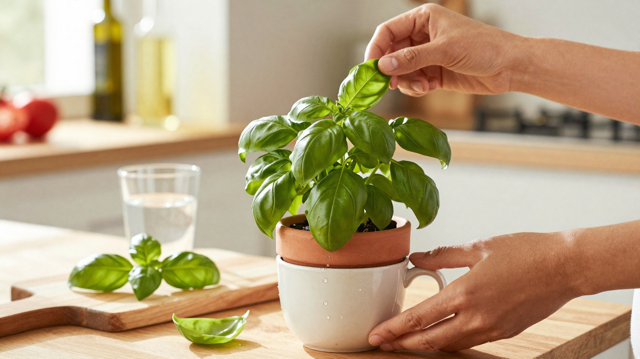 Mãos a segurar vaso branco com planta de manjericão numa cozinha luminosa.