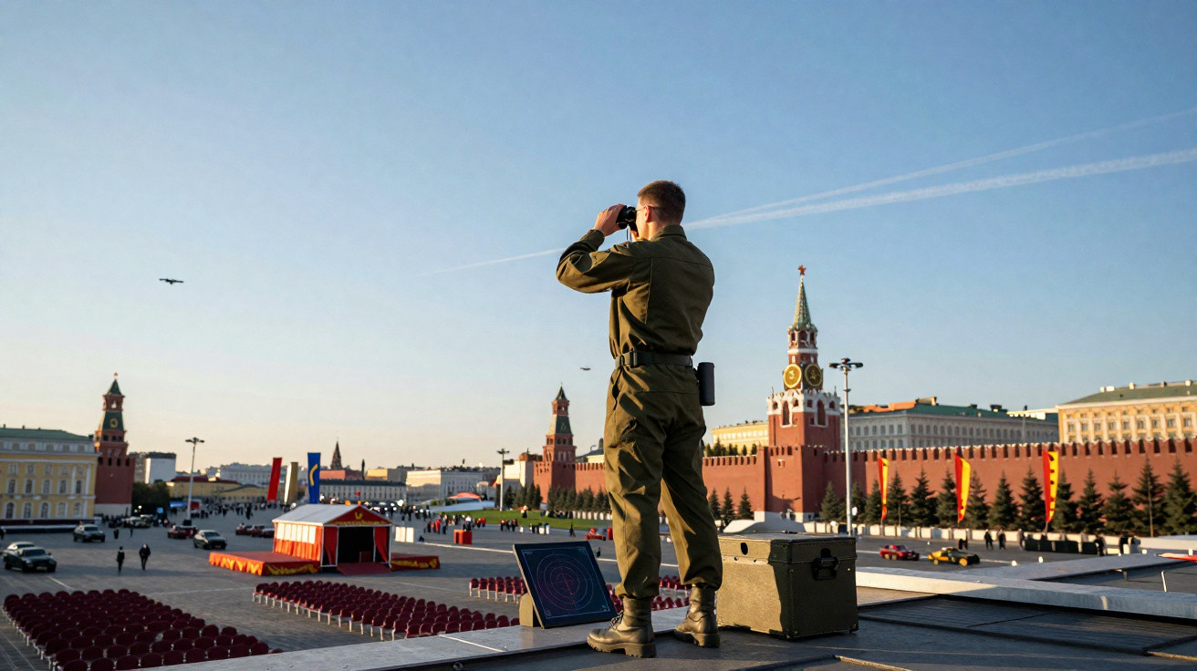 Militar em uniforme verde observa avião no céu com binóculos no telhado perto do Kremlin, Rússia.