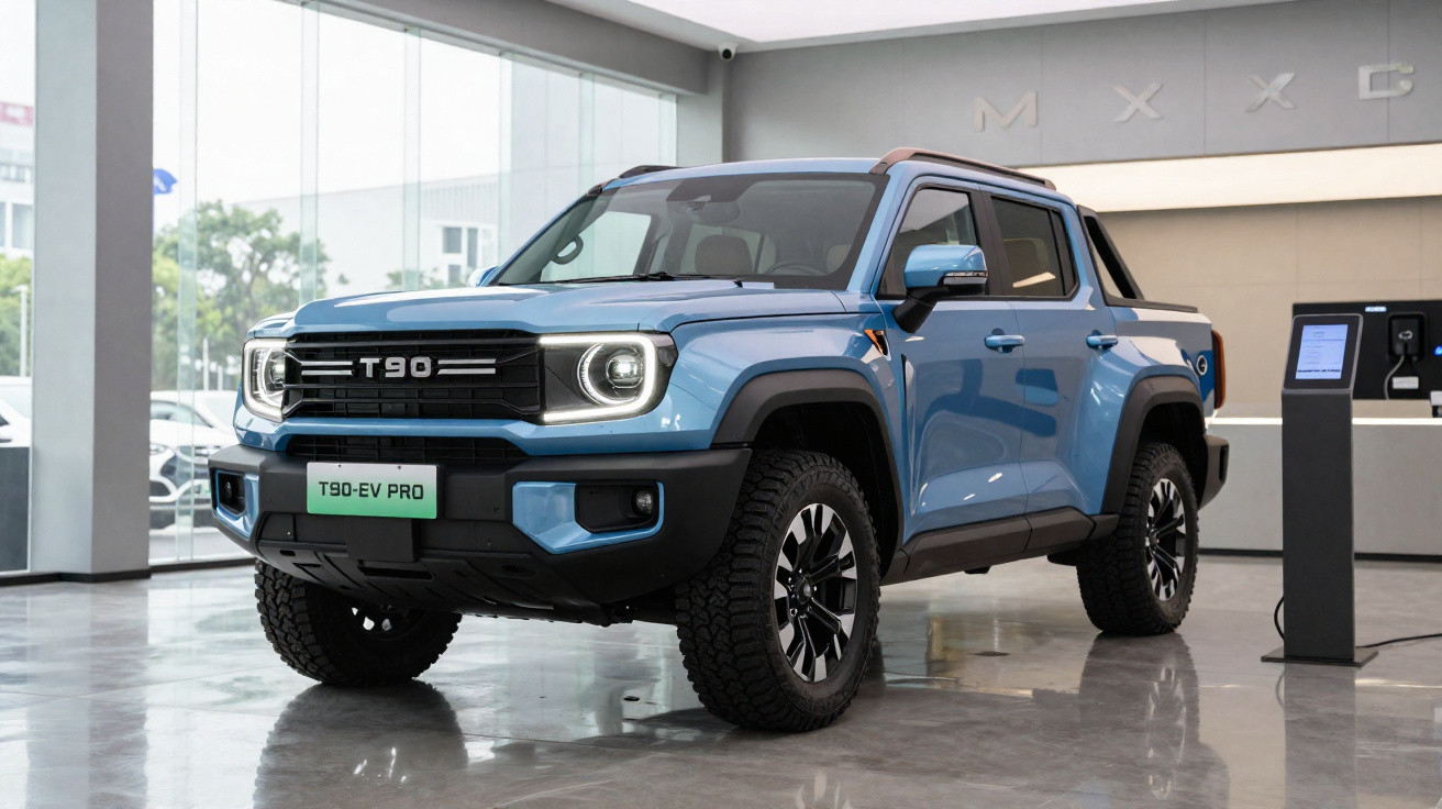 Pick-up elétrica azul T90-EV PRO em exposição interior com vidro e suporte digital ao lado.