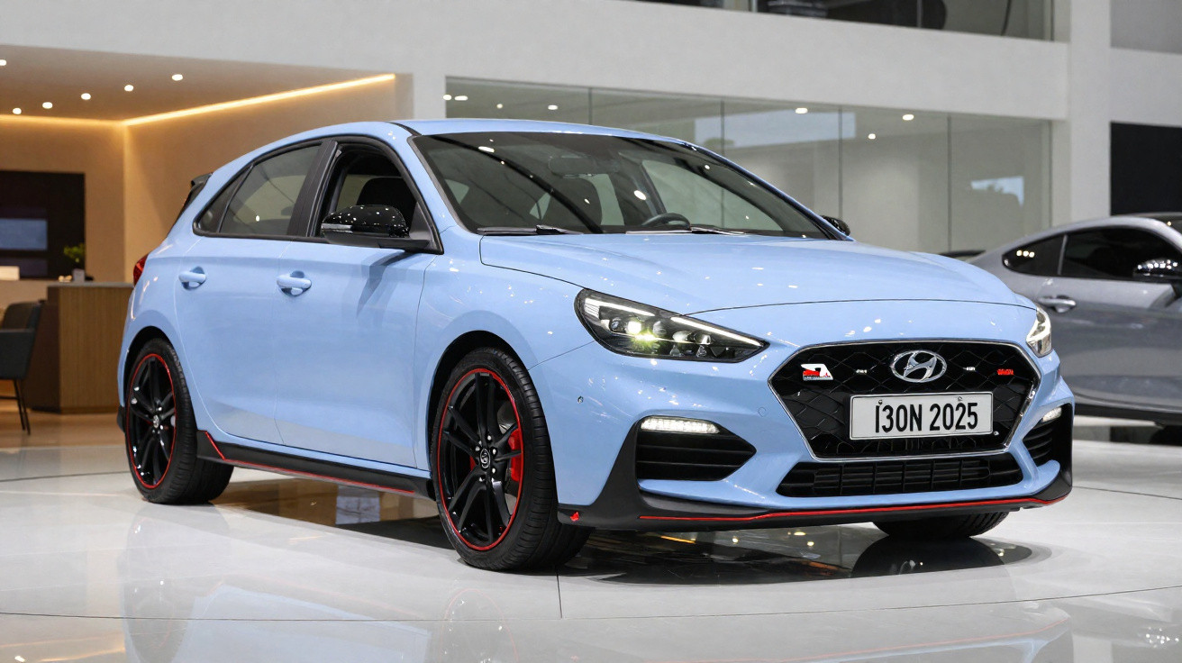 Carro desportivo Hyundai i30 N azul claro exposto num salão automóvel moderno.
