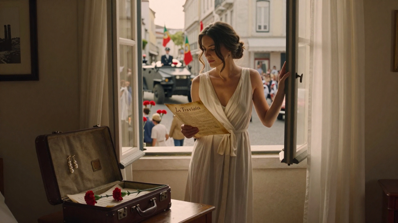 Mulher de vestido branco lê jornal junto a janela aberta com desfile militar ao fundo em cidade portuguesa.