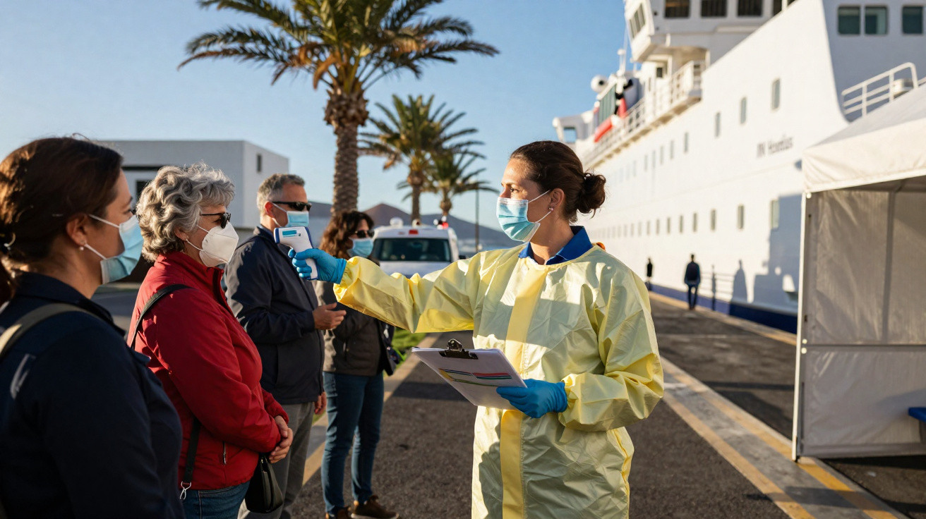 Profissional de saúde com máscara e equipamento de proteção mede a temperatura de passageiros junto a um porto.