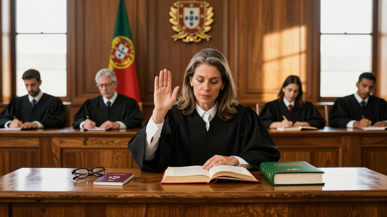 Mulher juíza a jurar em tribunal com bandeira de Portugal e colegas ao fundo.