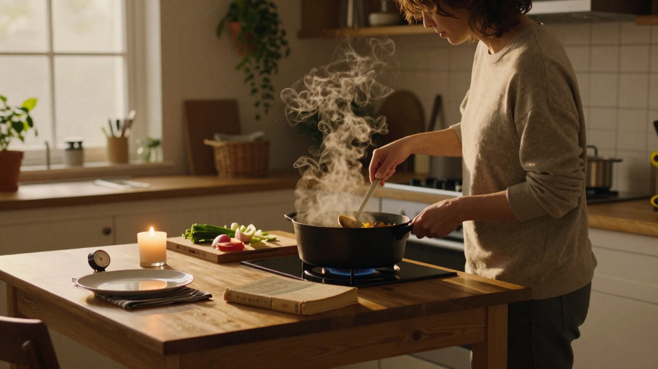 Pessoa a cozinhar numa panela a ferver num fogão de cozinha caseira iluminada pela luz natural.