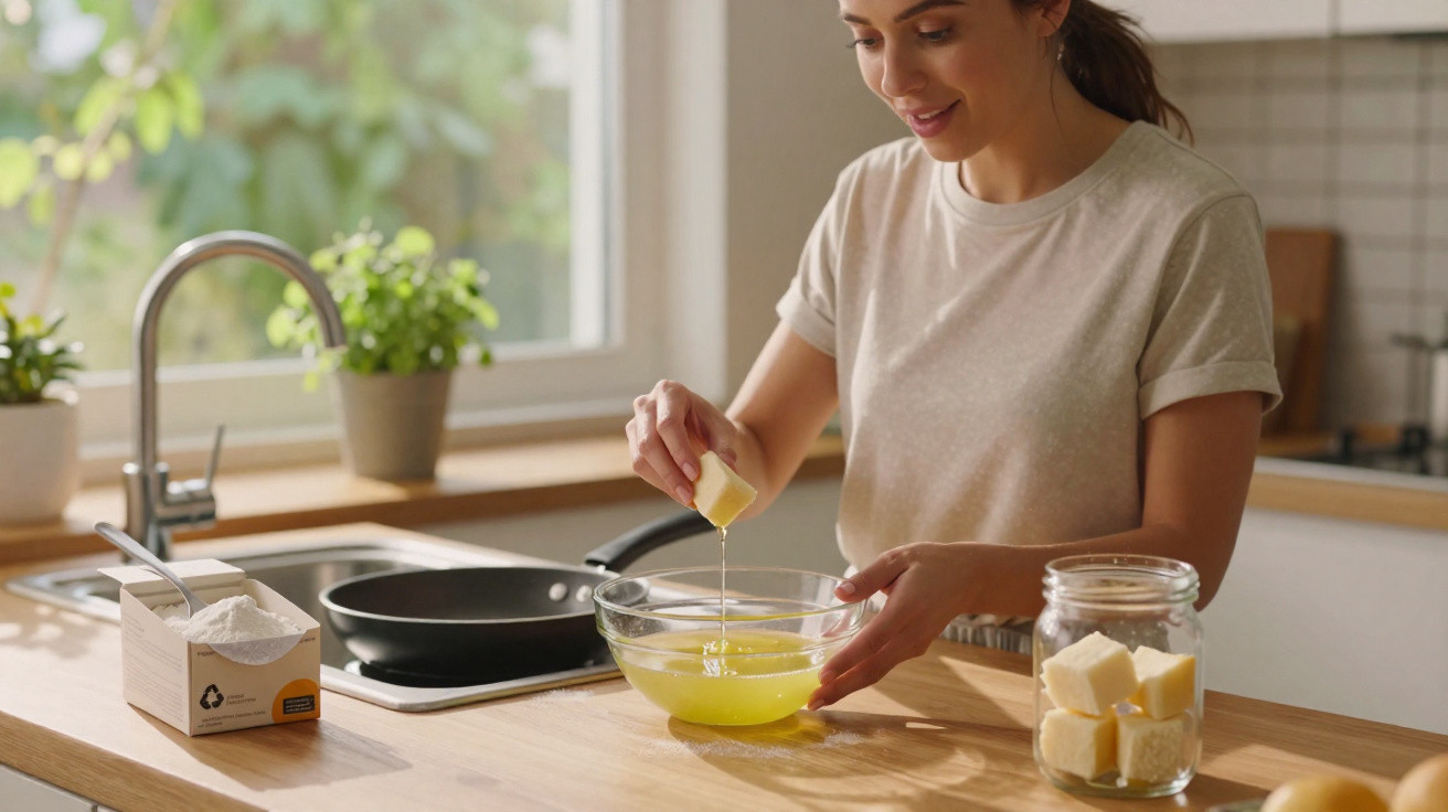 Mulher a partir ovo numa tigela de vidro numa cozinha moderna com luz natural.