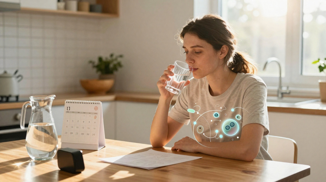Mulher sentada numa cozinha a beber um copo de água, com ilustração digital de bactérias sobre o braço.