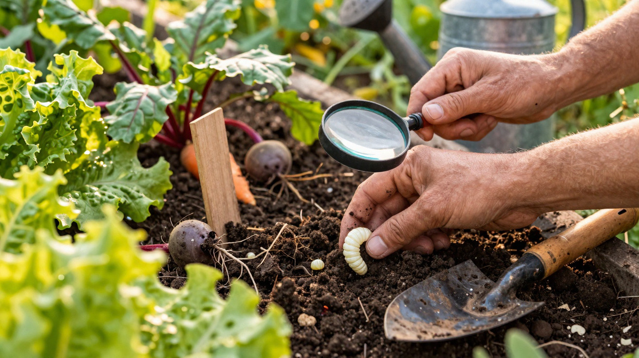 Mãos a examinar uma larva no solo de uma horta com lupa, ao lado de beterraba, alface e ferramentas de jardinagem.