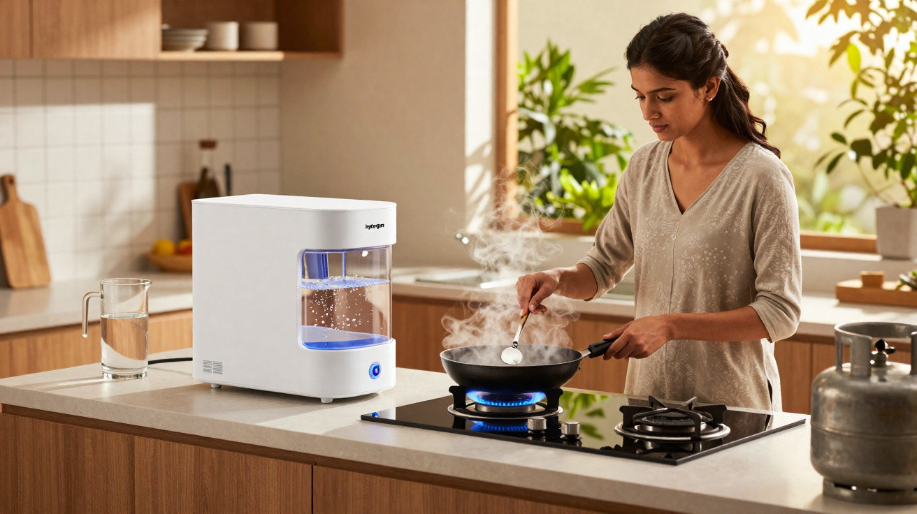 Mulher a cozinhar legumes numa frigideira enquanto água ferve numa máquina elétrica na cozinha.