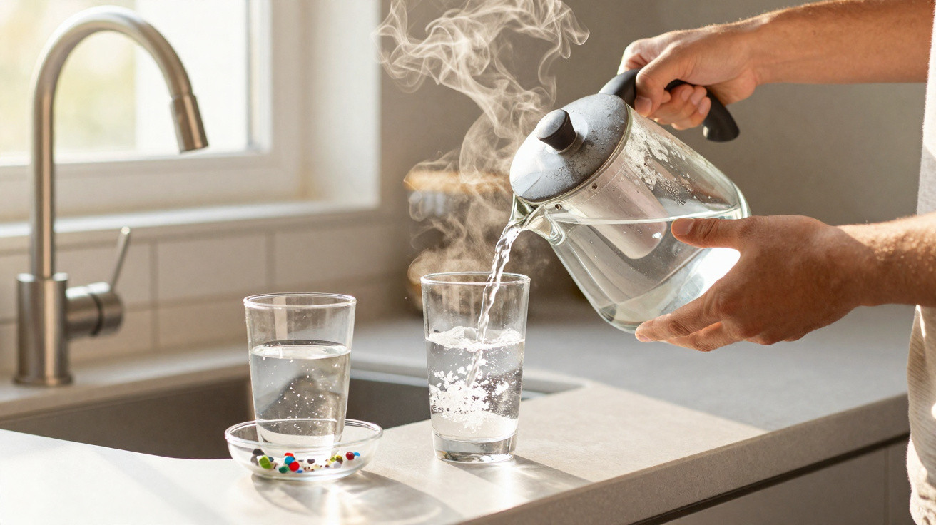 Pessoa a verter água quente com vapor de jarro transparente para copo na cozinha junto à pia.
