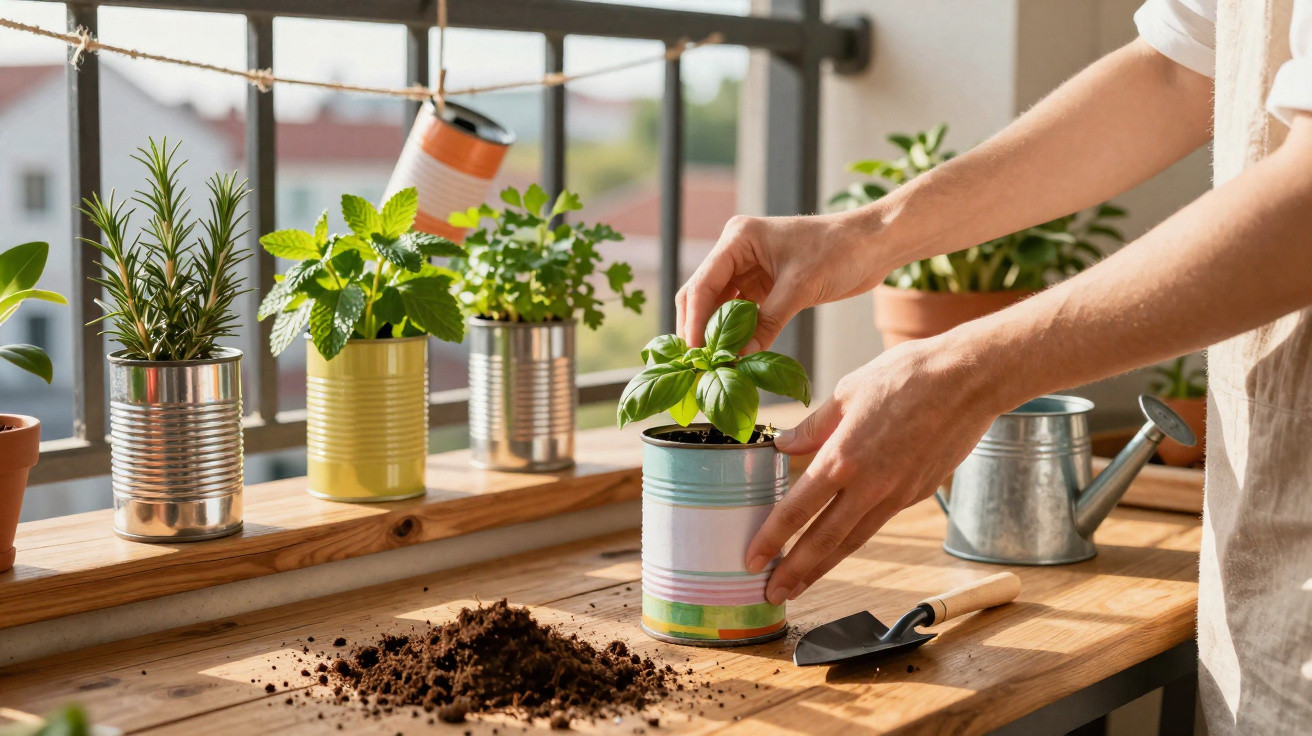 Pessoa a cuidar de plantas em vasos reciclados numa varanda iluminada.