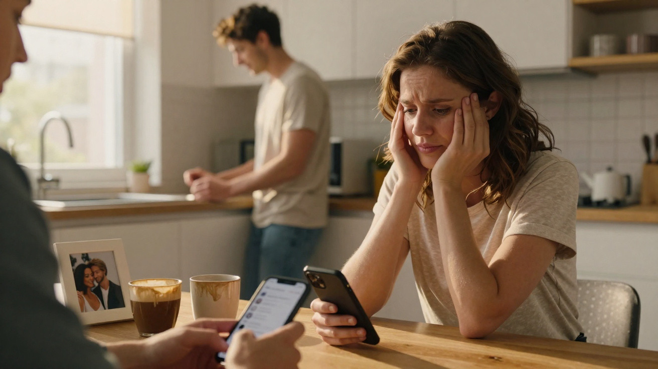 Mulher triste sentada à mesa com dois homens, um mexe no telemóvel e outro cozinha ao fundo numa cozinha moderna.
