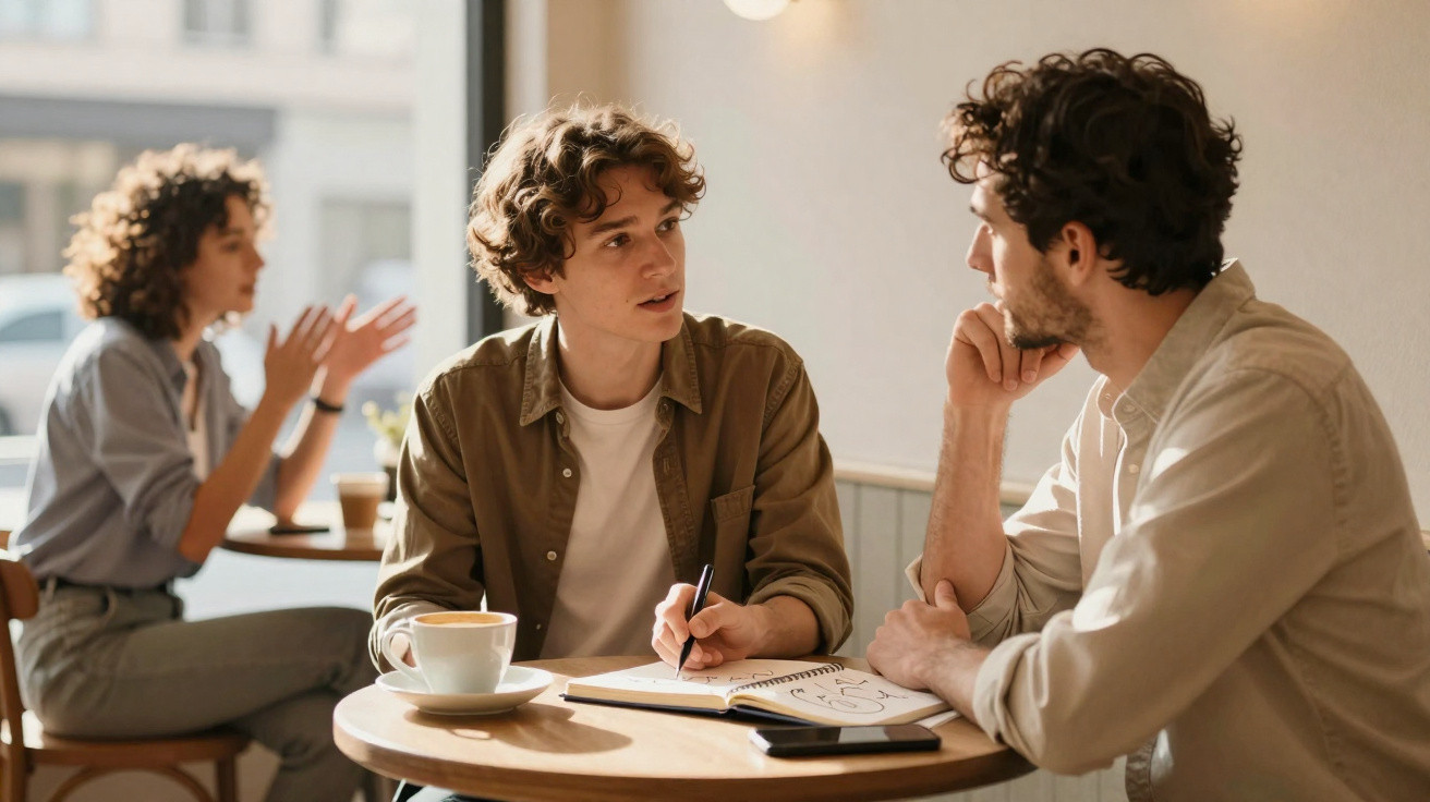 Duas pessoas sentadas numa mesa de café a conversar e a tomar café, com outra pessoa ao fundo a falar.