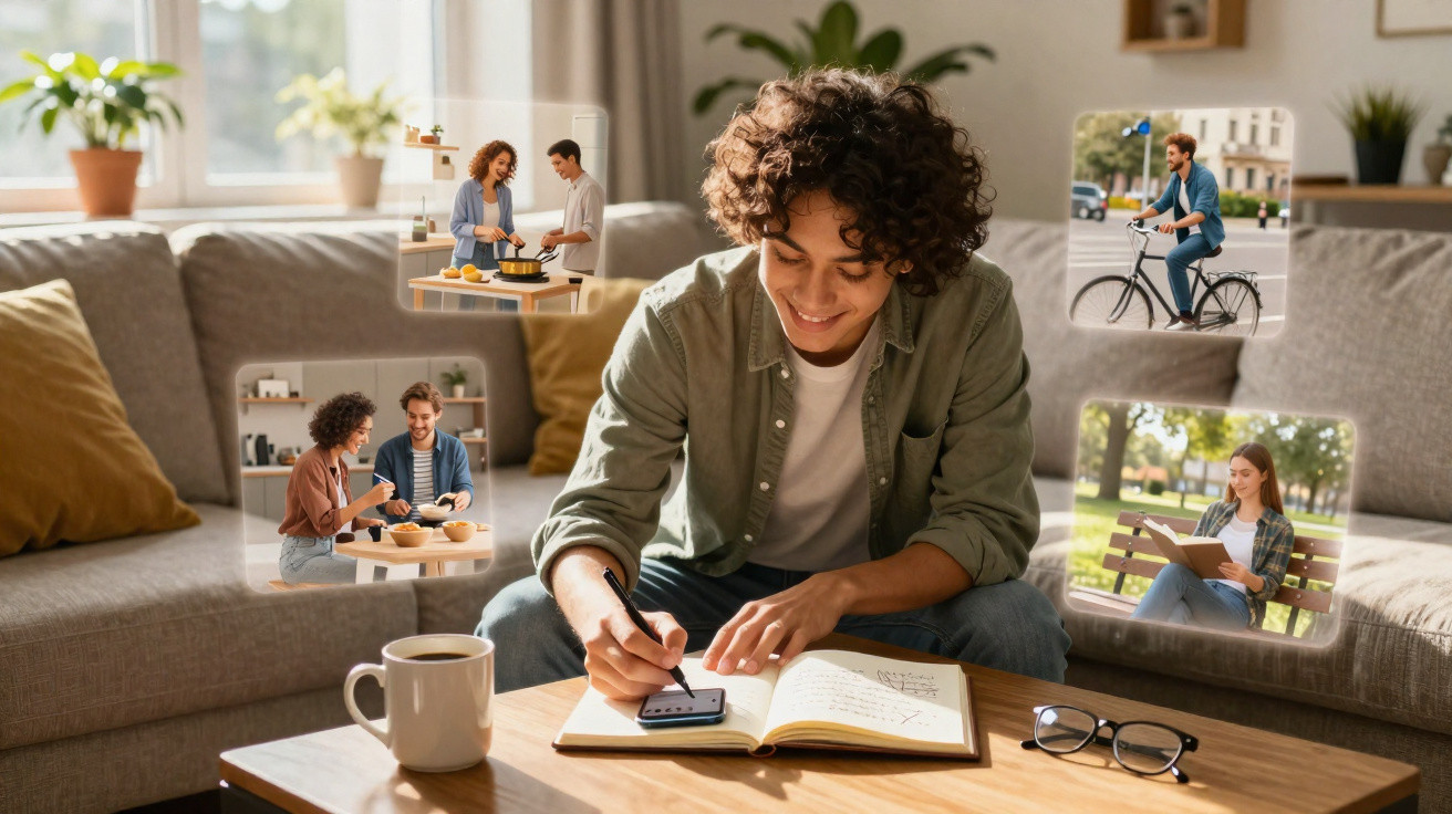 Jovem sentado no sofá a estudar com livro aberto e telemóvel, imagens holográficas de várias atividades ao redor.