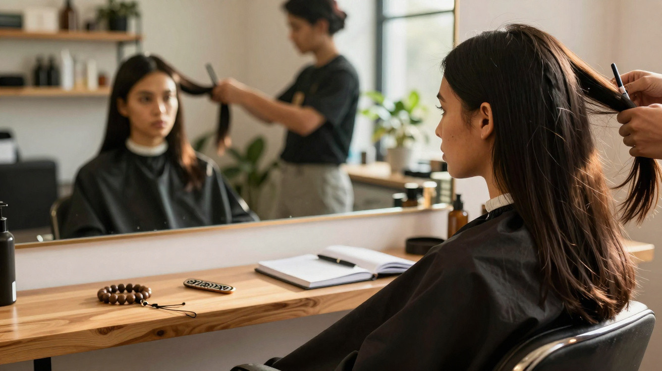 Mulher sentada no cabeleireiro enquanto profissional penteia o seu cabelo longo e castanho.