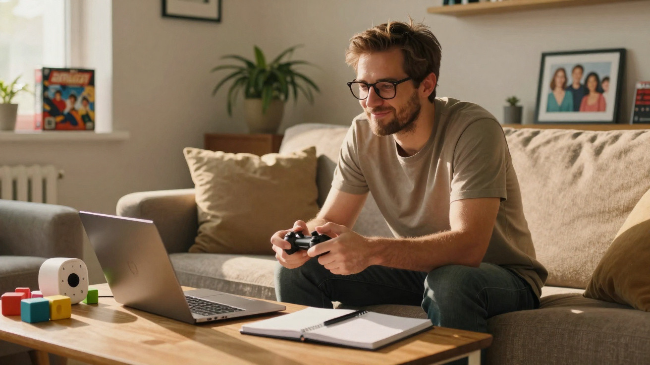Homem sentado no sofá a jogar videojogos com comando, laptop e caderno na mesa de centro.