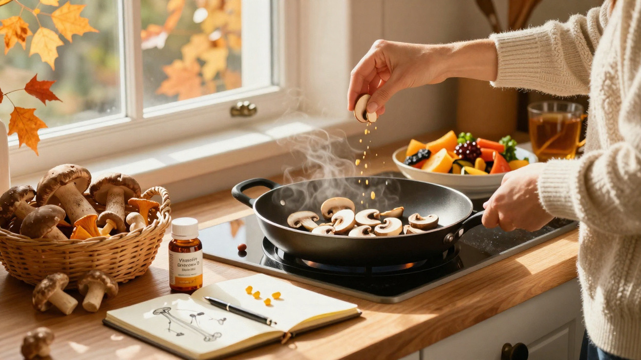 Pessoa a cozinhar cogumelos numa frigideira, com legumes, chá, suplemento e caderno de receitas na bancada.