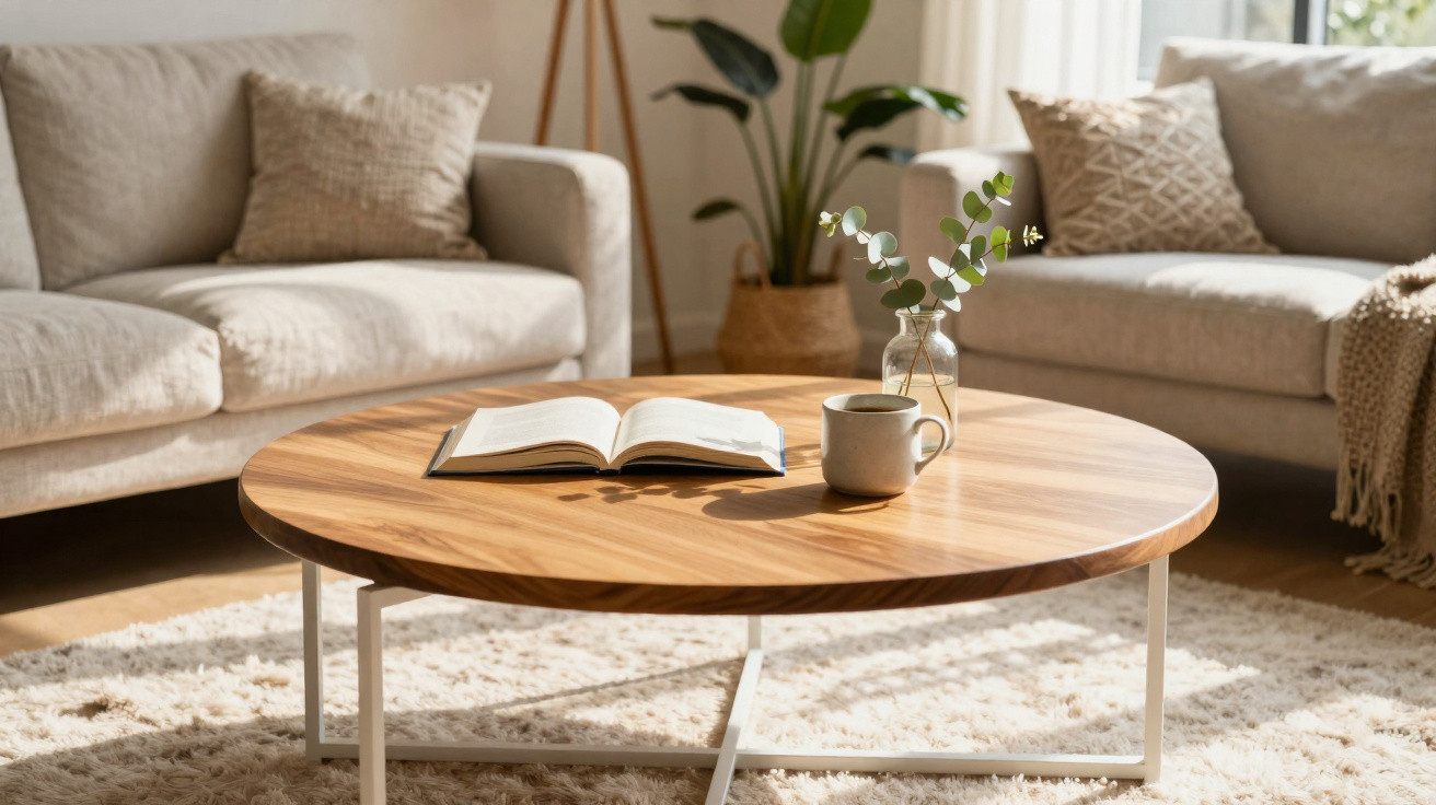 Mesa de centro redonda em madeira com livro aberto, caneca e vaso com planta, entre sofás claros.
