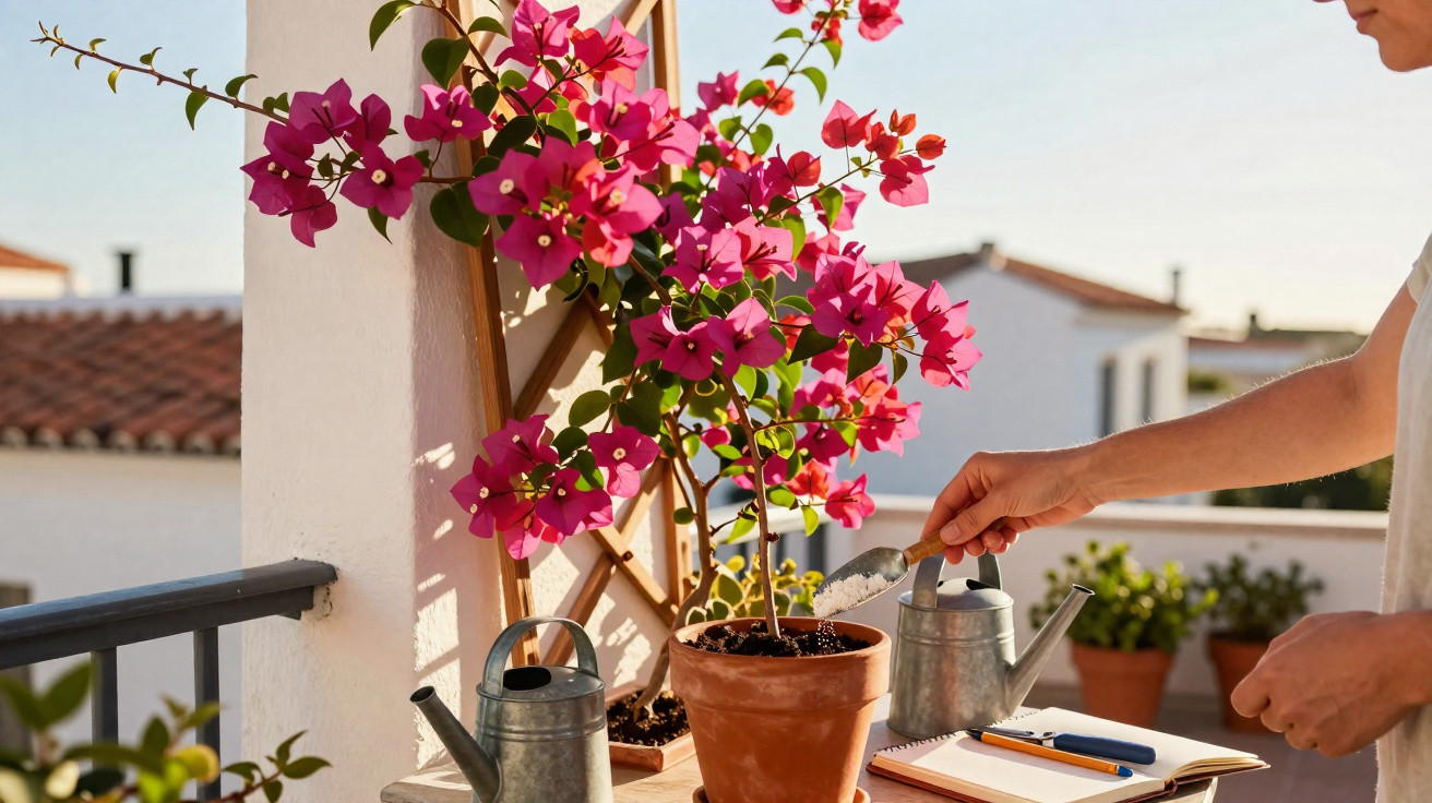 Pessoa a adubar planta com flores cor-de-rosa numa varanda ensolarada com regador e caderno próximo.