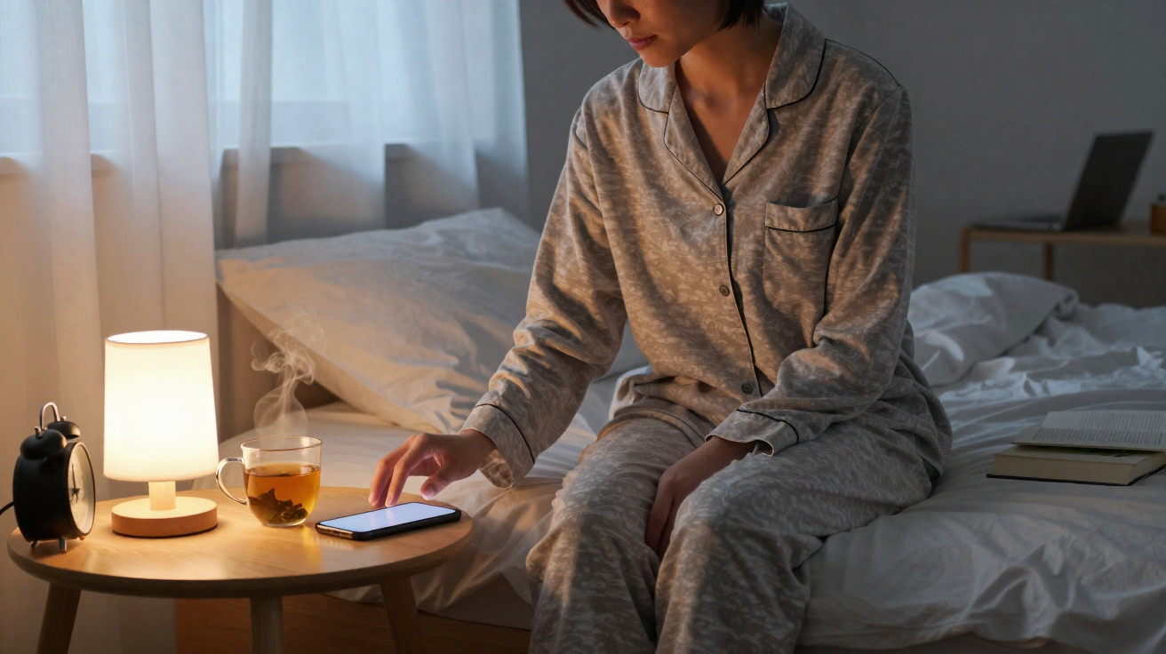 Pessoa em pijama sentada na cama à noite, usando telemóvel, com chá quente e despertador na mesa de cabeceira.