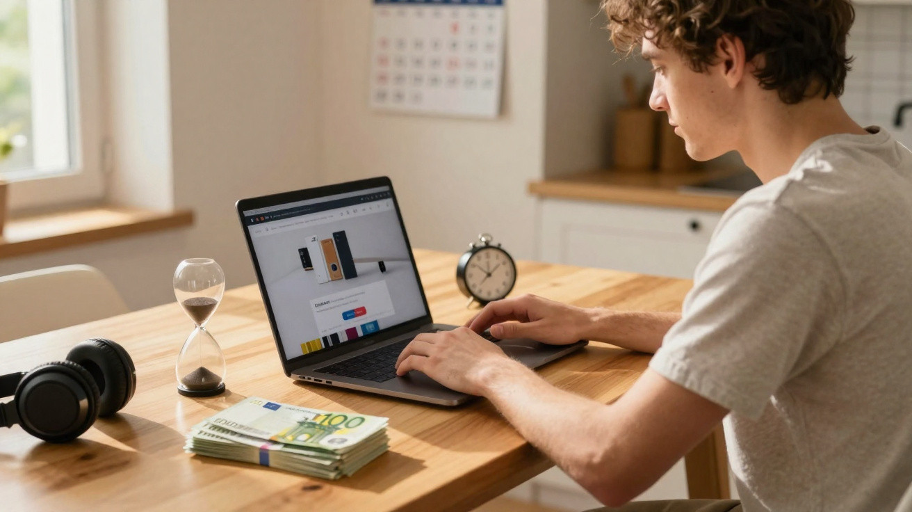 Pessoa a usar computador portátil para comprar auscultadores, com pilha de dinheiro, ampulheta e relógio numa mesa.