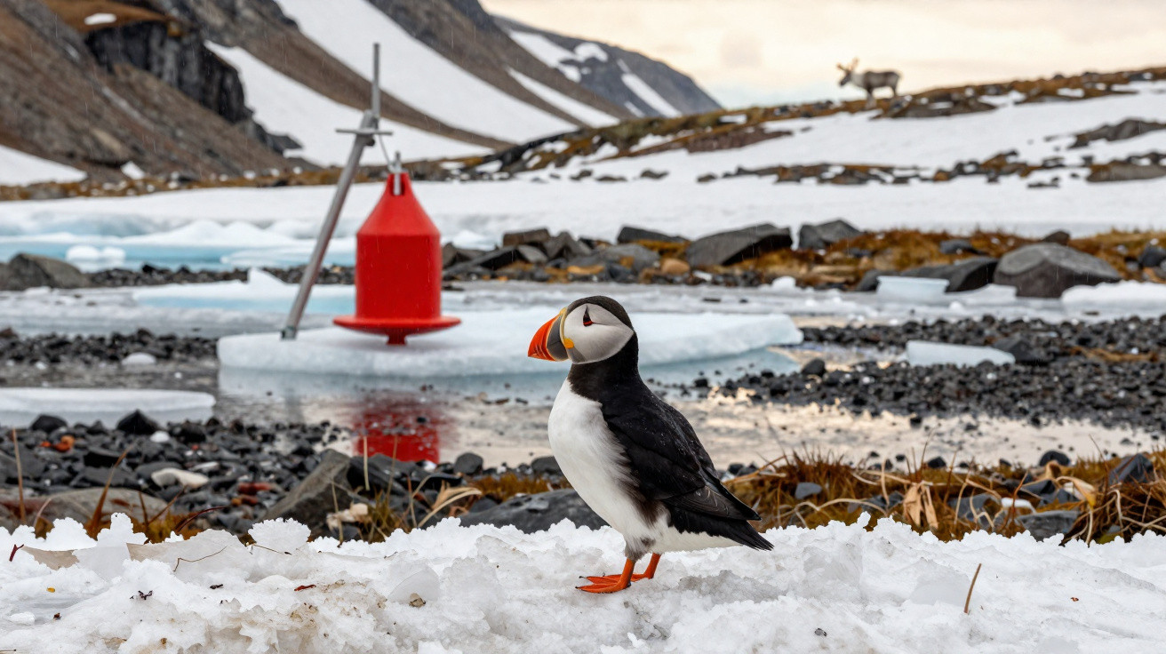 Pinguim-de-bico-colorido em neve junto a costa rochosa e icebergs num ambiente ártico.