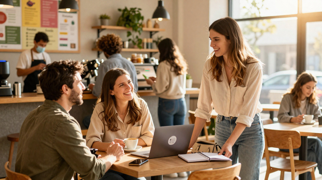 Jovens conversam e tomam café numa esplanada moderna com laptop aberto na mesa.