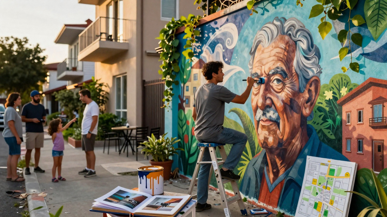 Artista pinta mural colorido de rosto de homem idoso numa parede exterior numa rua residencial.