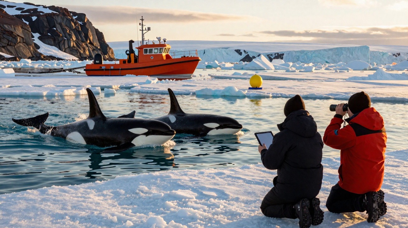 Dois fotógrafos registam duas orcas numa paisagem gelada com icebergues e um barco vermelho ao fundo.